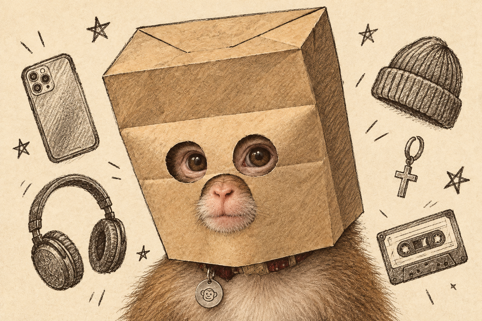 Hand-drawn little ape in a kraft-paper bag, surrounded by his headphones, beanie, phone and keepsakes